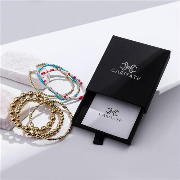 Gold beaded bracelet set 14k plated dainty cross stack stretch layered jewelry g - Picture 3 of 7